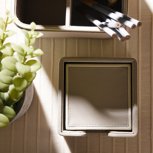 Set of 4 Beige Faux Leather Coasters with Stand