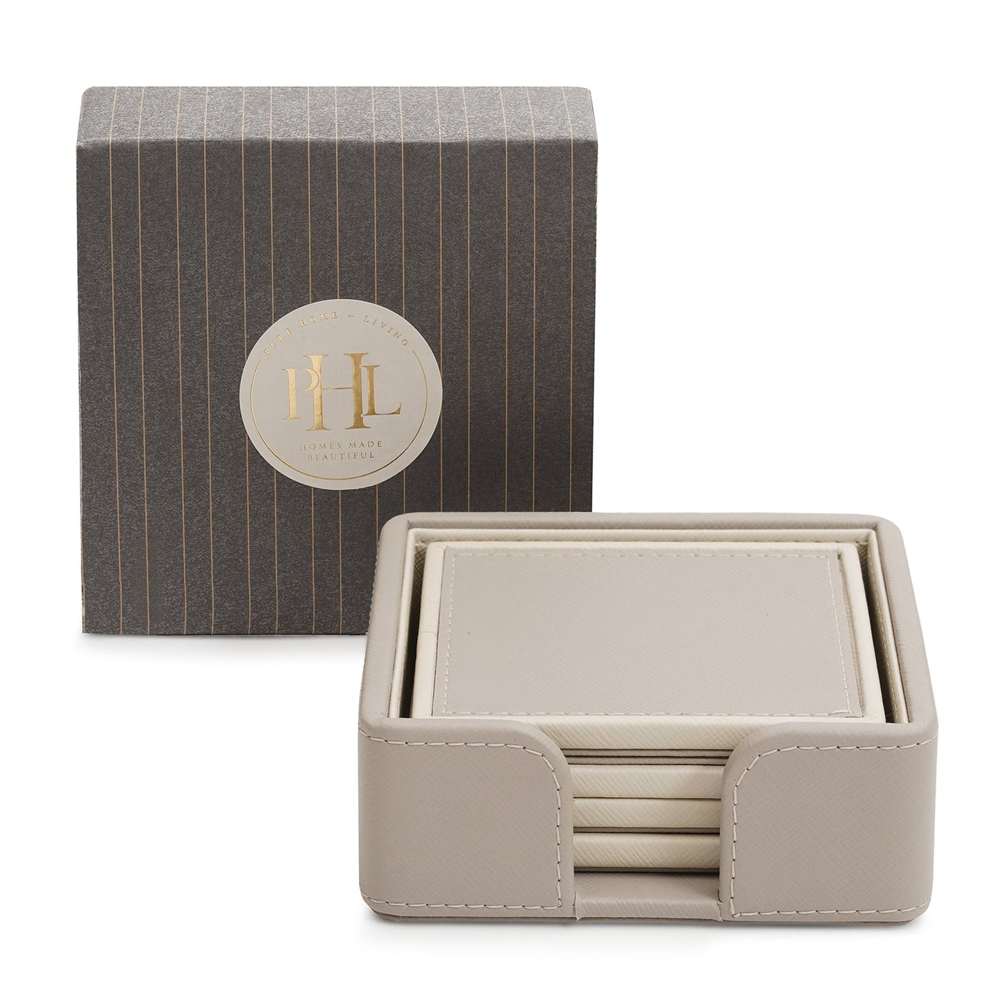 Set of 4 Beige Faux Leather Coasters with Stand