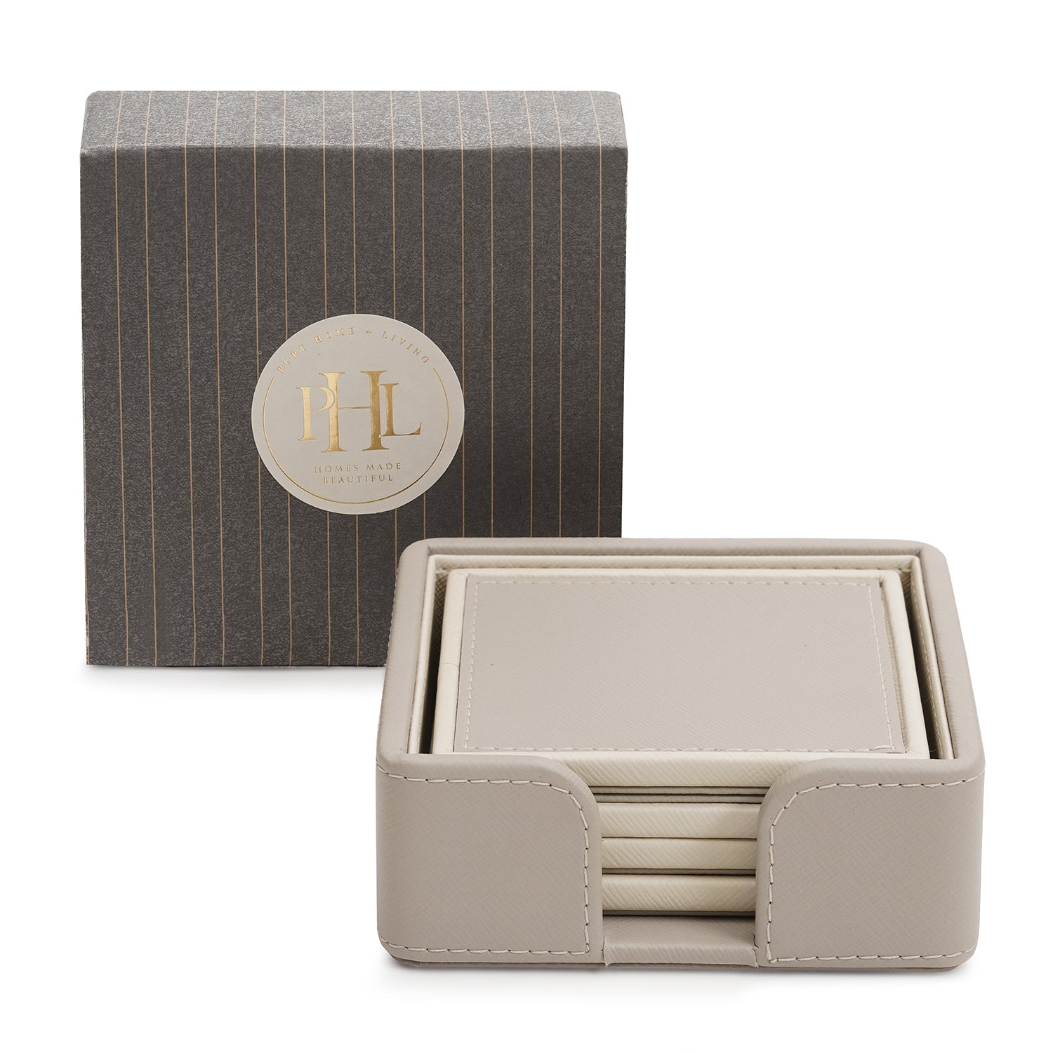 Set of 4 Beige Faux Leather Coasters with Stand