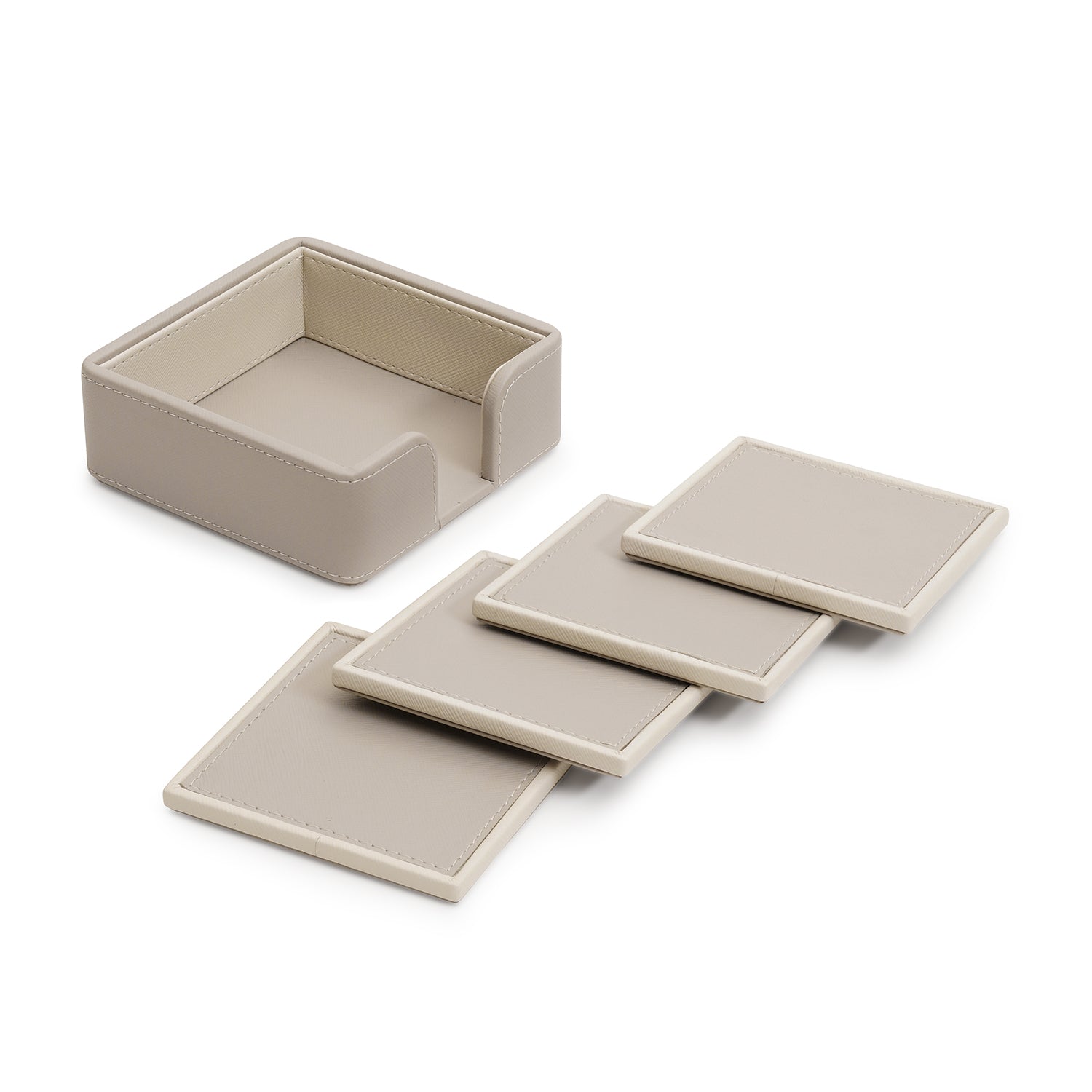 Set of 4 Beige Faux Leather Coasters with Stand