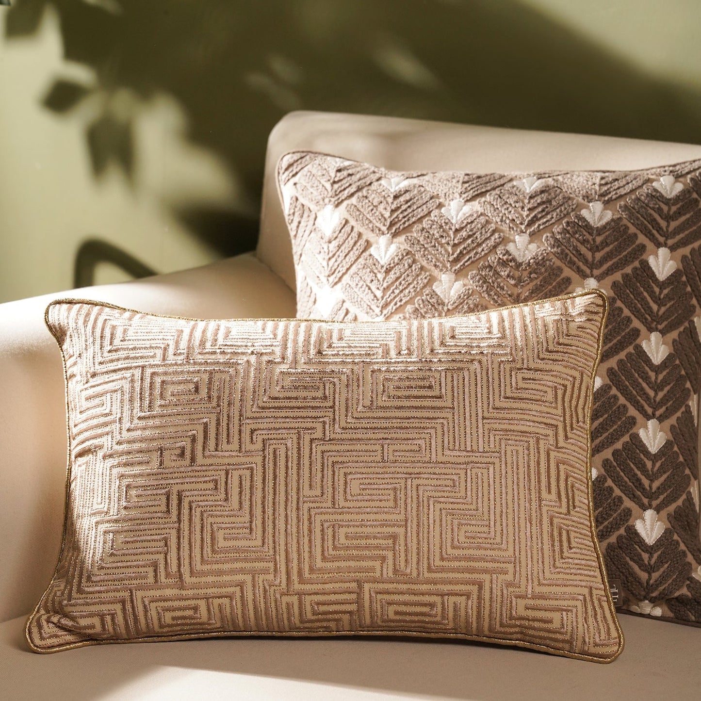 Beige Geometric Embroidered Cushion Cover