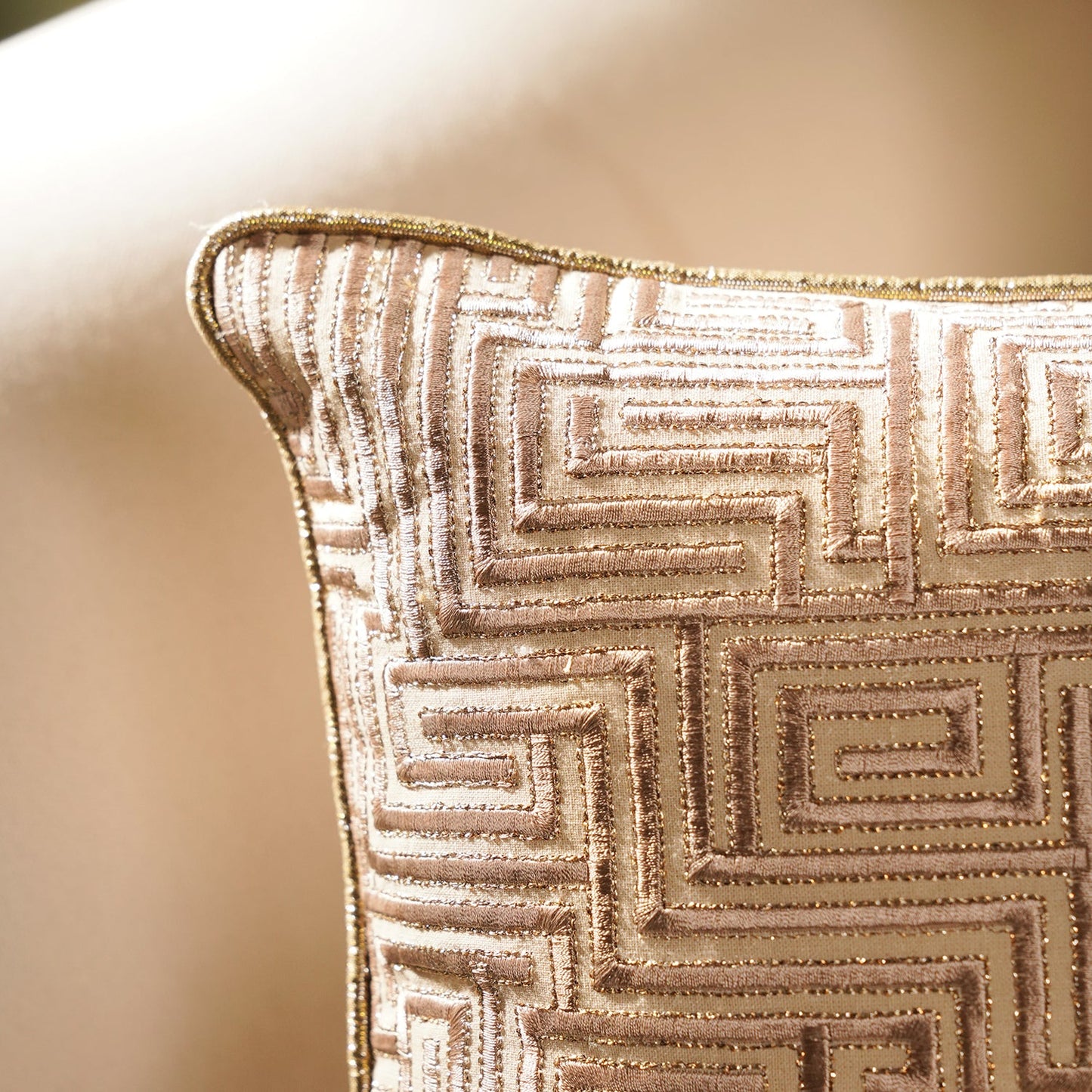 Beige Geometric Embroidered Cushion Cover