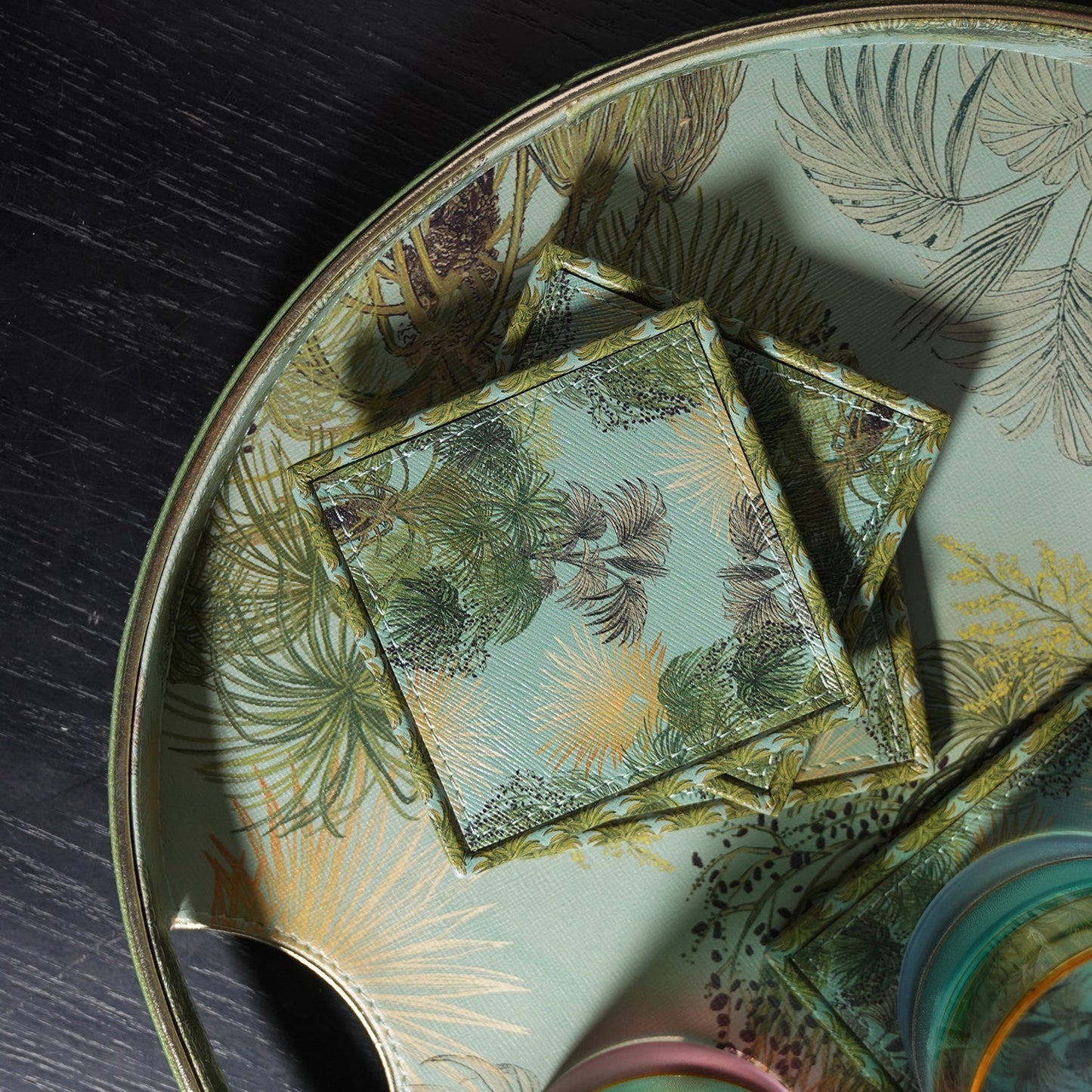 Set of 4 Green Como Printed Faux Leather Square Coasters