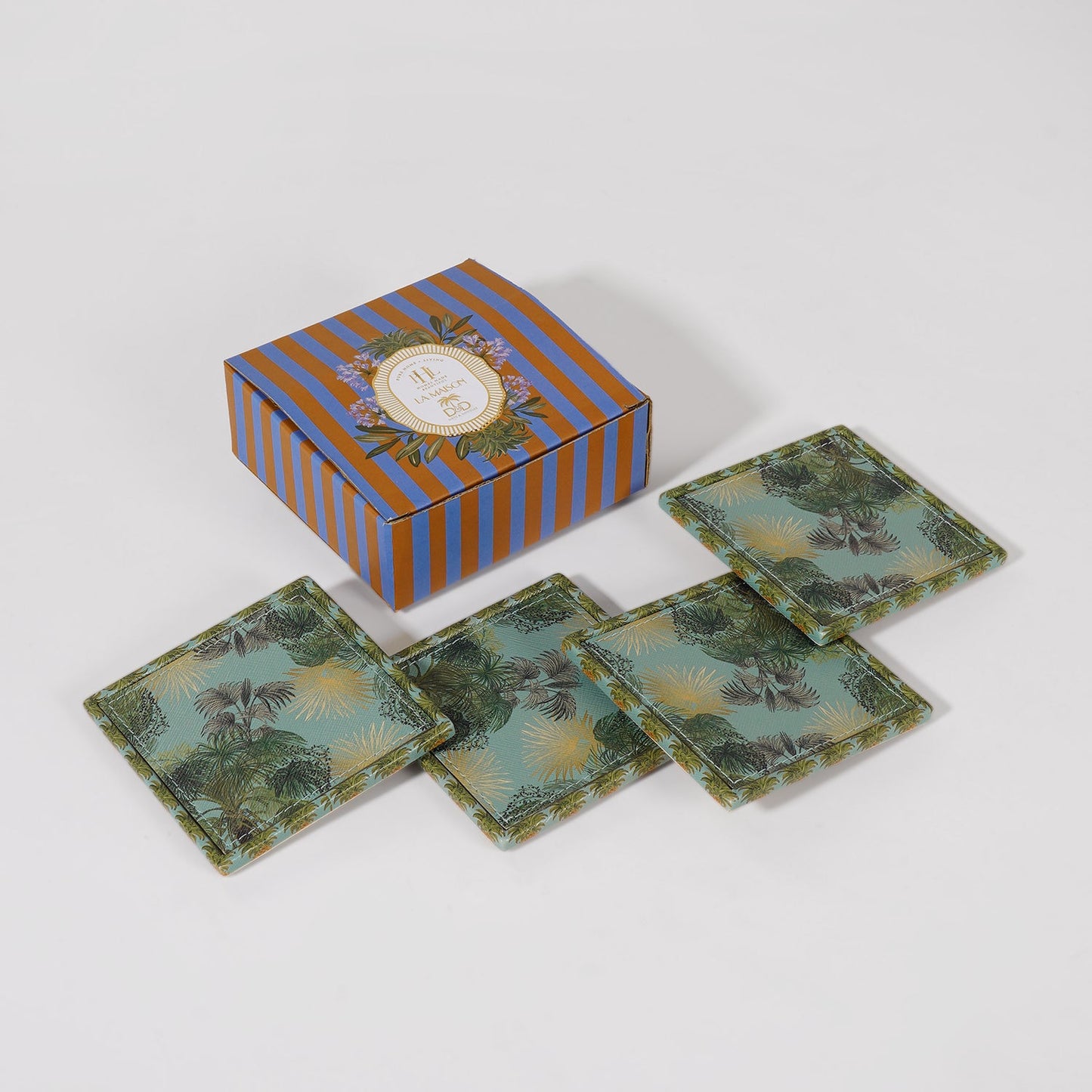 Set of 4 Green Como Printed Faux Leather Square Coasters