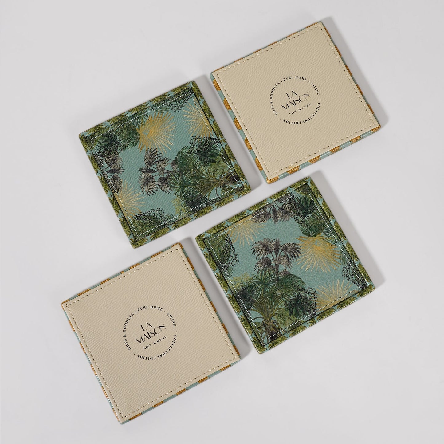 Set of 4 Green Como Printed Faux Leather Square Coasters