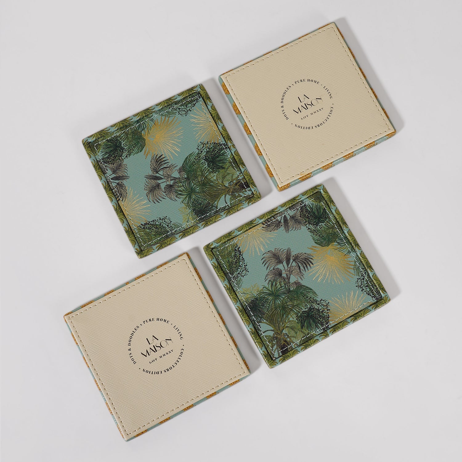 Set of 4 Green Como Printed Faux Leather Square Coasters