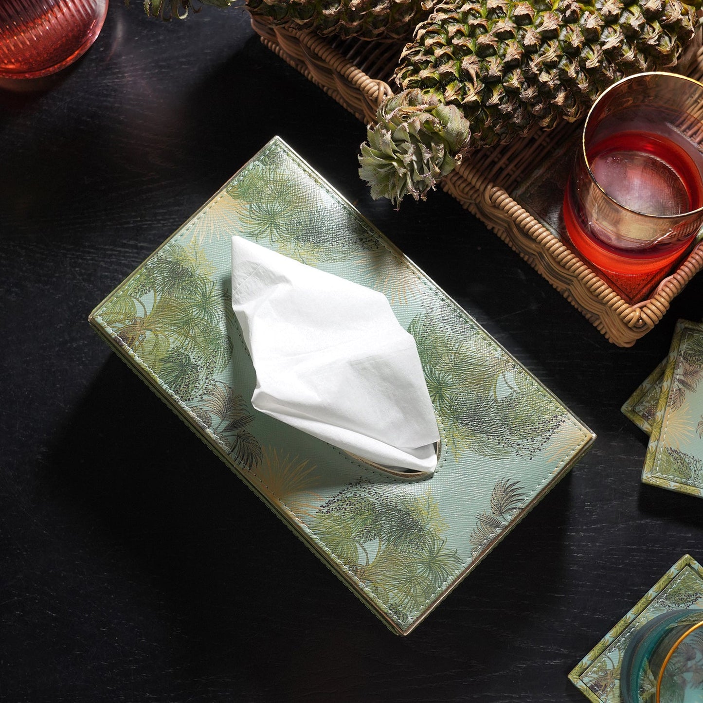 Green Como Printed Faux Leather Tissue Box