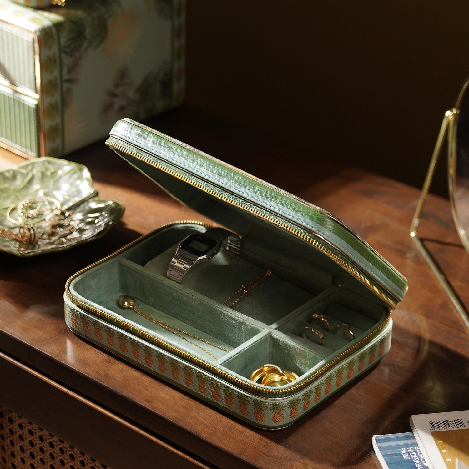 Green Como Printed Faux Leather Travel Jewellery Box