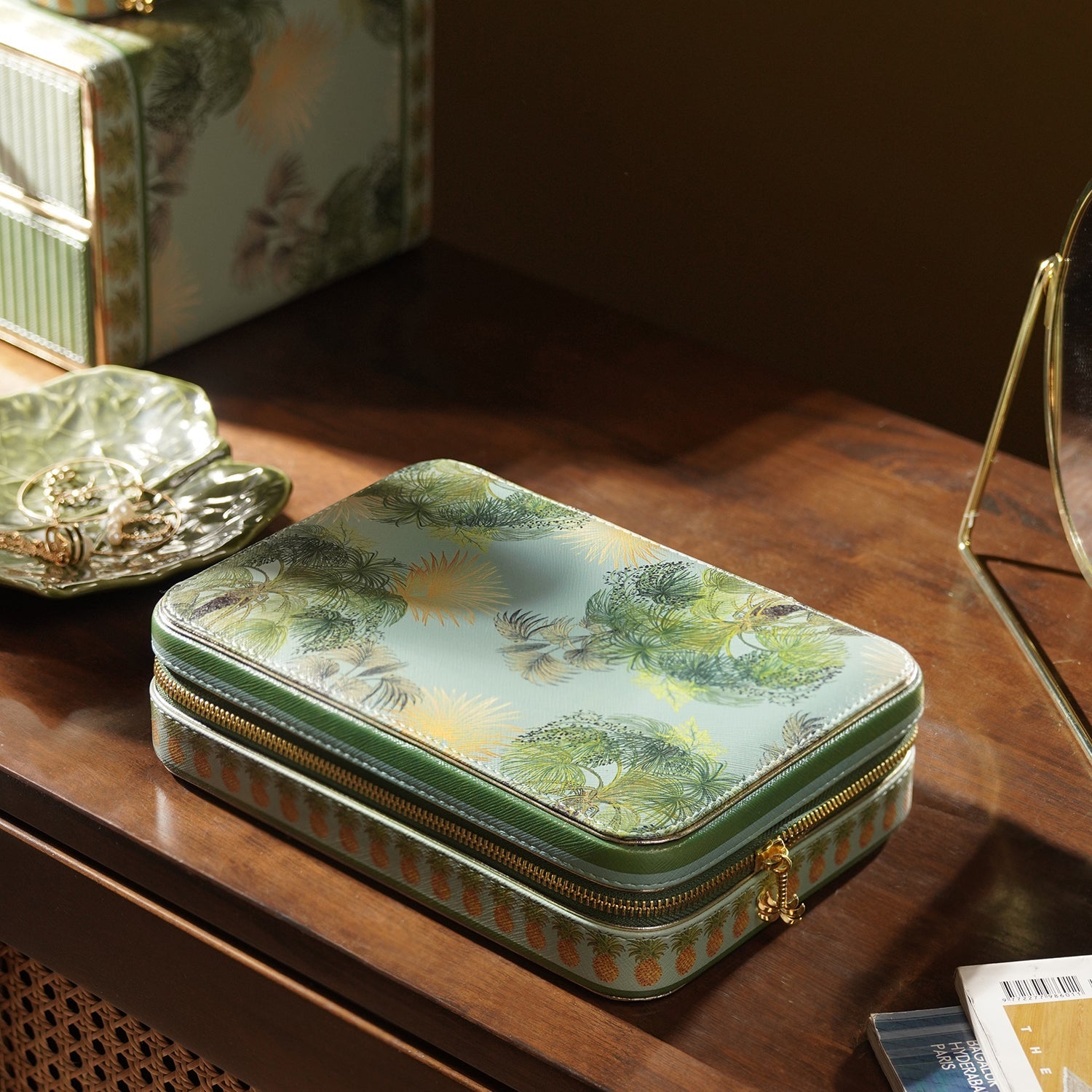 Green Como Printed Faux Leather Travel Jewellery Box