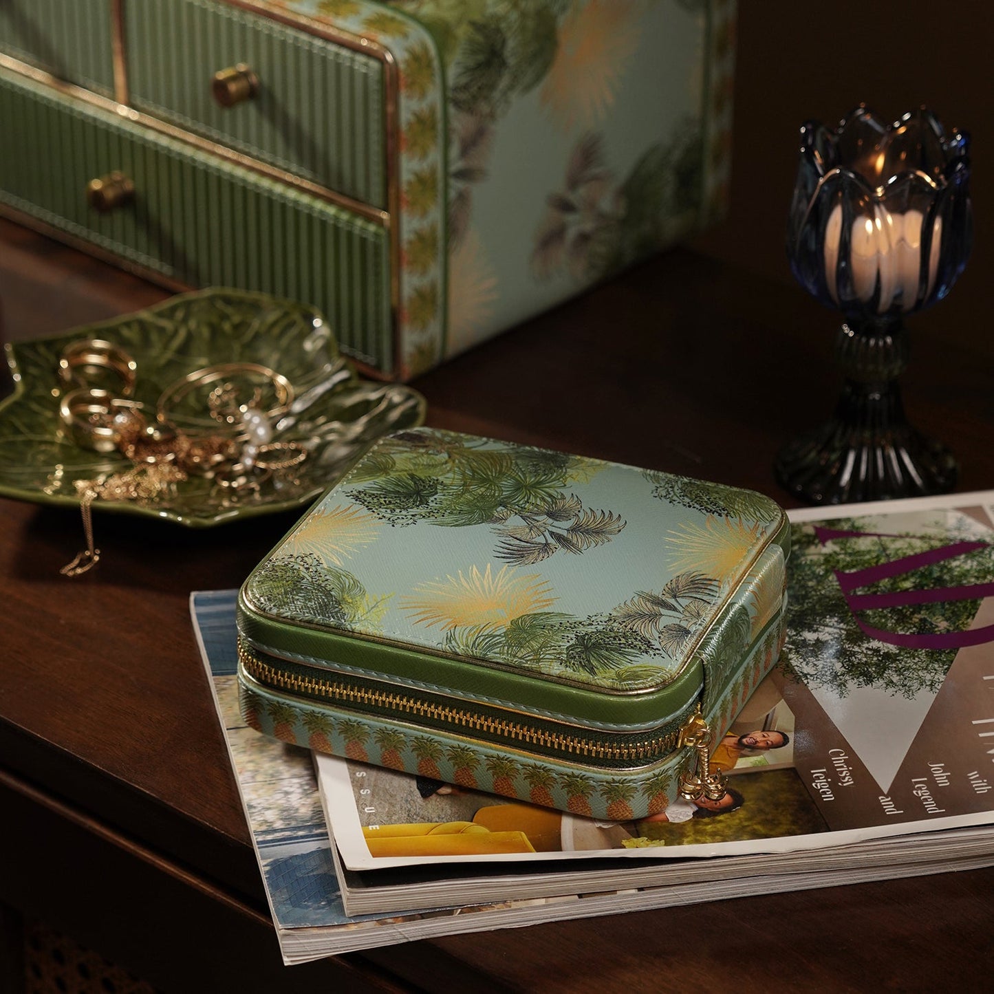Green Como Printed Faux Leather Square Travel Jewellery Box