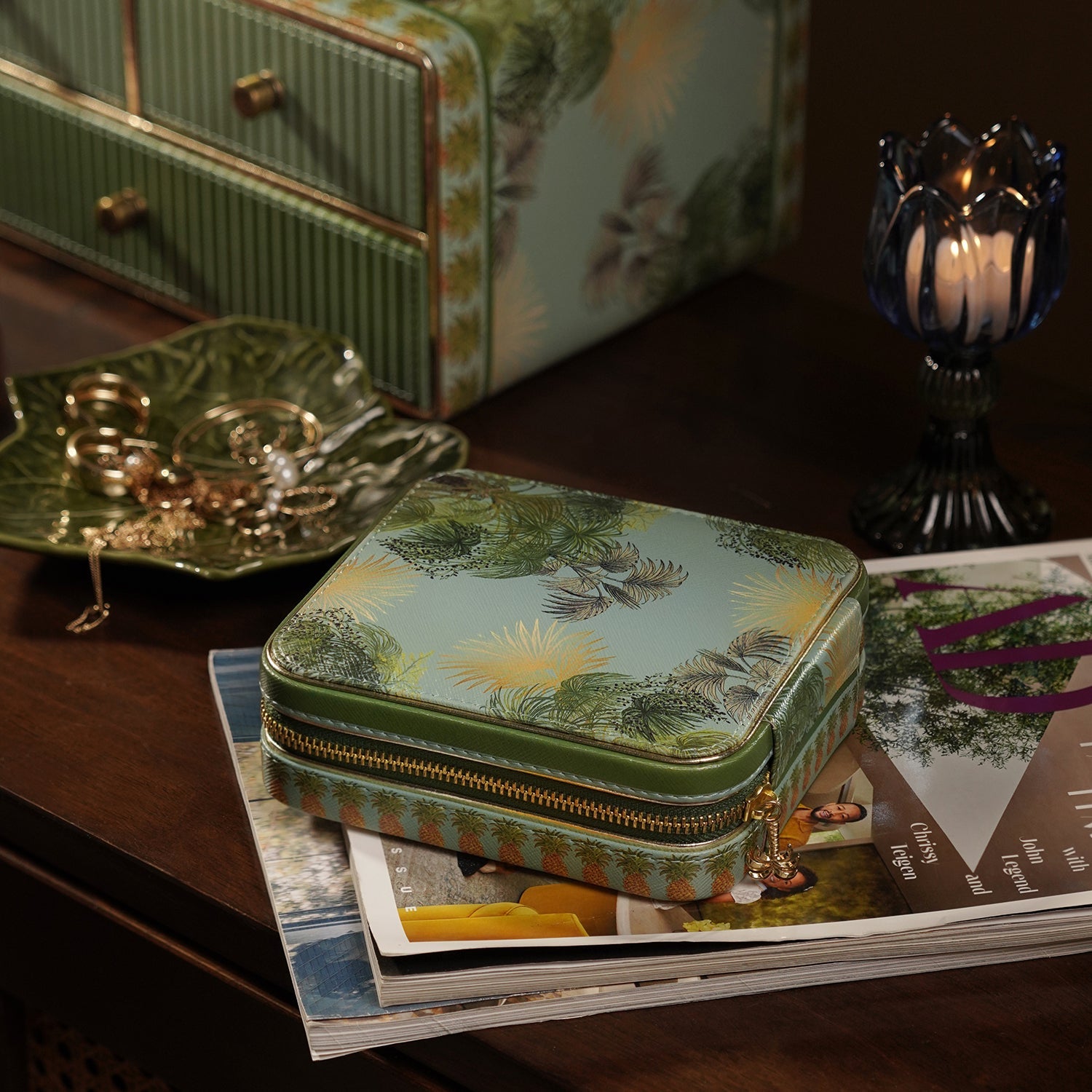 Green Como Printed Faux Leather Square Travel Jewellery Box