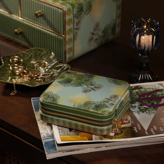 Green Como Printed Faux Leather Square Travel Jewellery Box