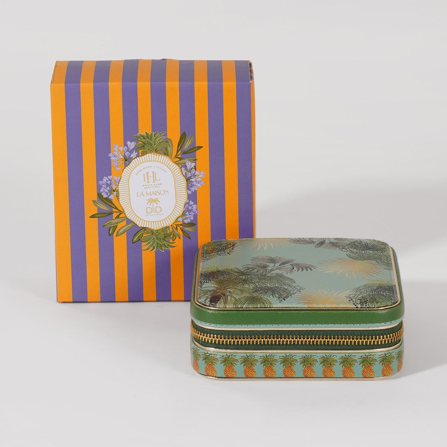 Green Como Printed Faux Leather Square Travel Jewellery Box