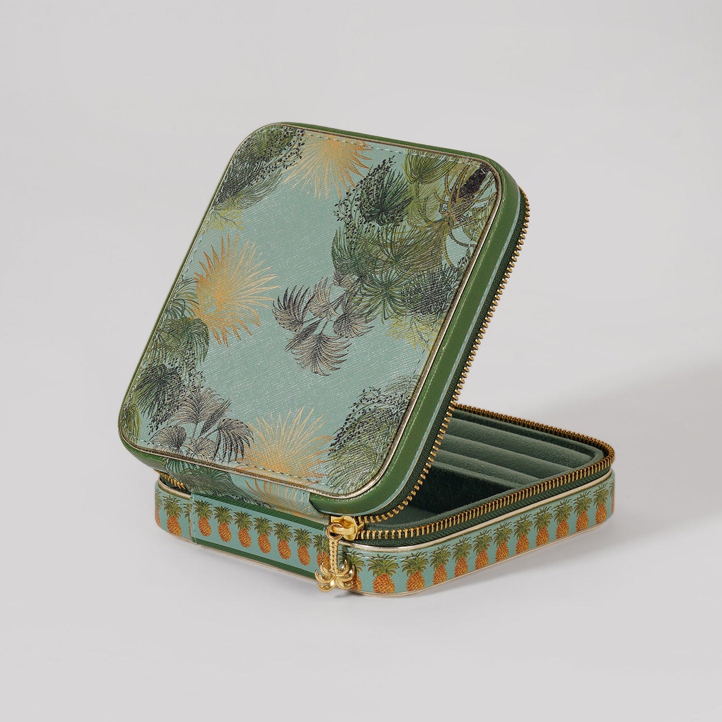 Green Como Printed Faux Leather Square Travel Jewellery Box