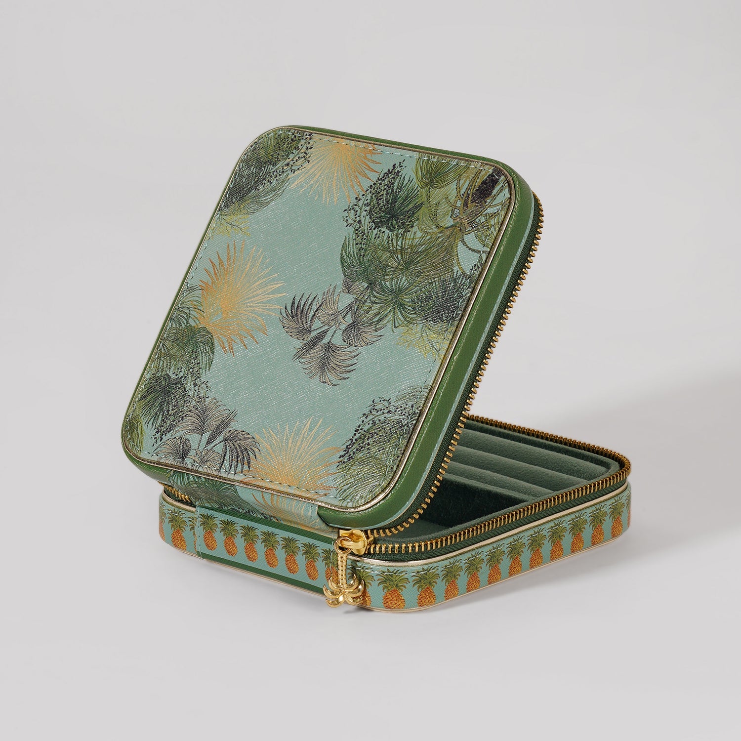Green Como Printed Faux Leather Square Travel Jewellery Box