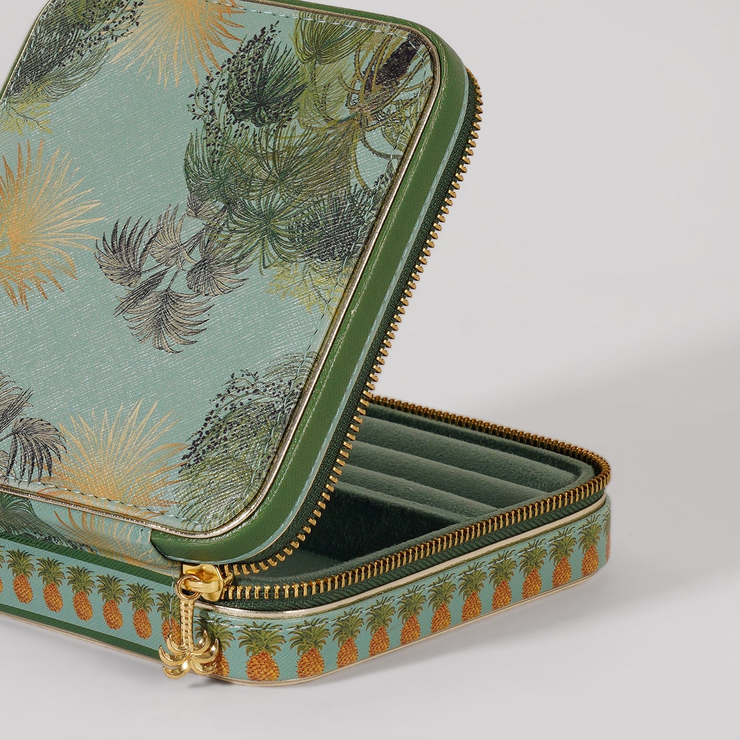 Green Como Printed Faux Leather Square Travel Jewellery Box