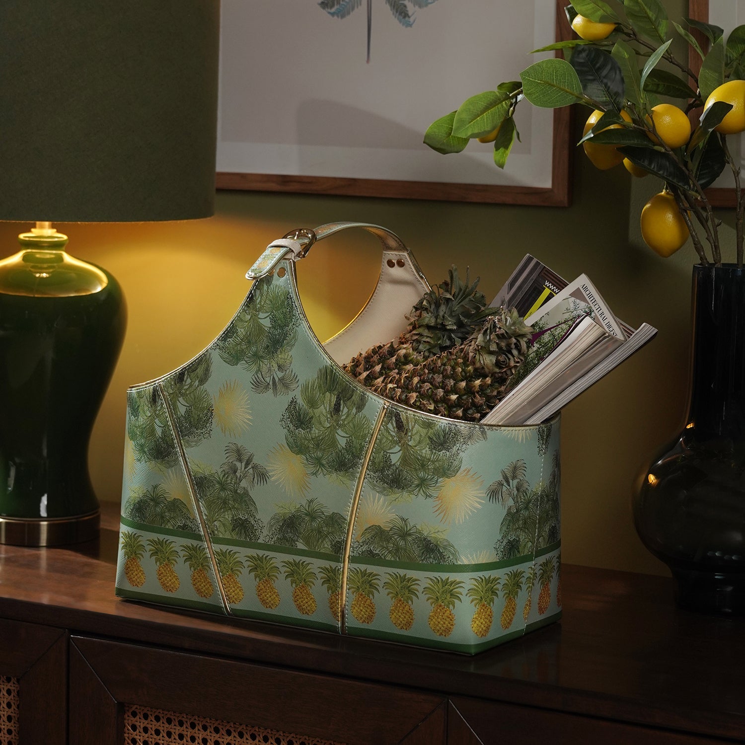 Green Como Printed Faux Leather Magazine Basket