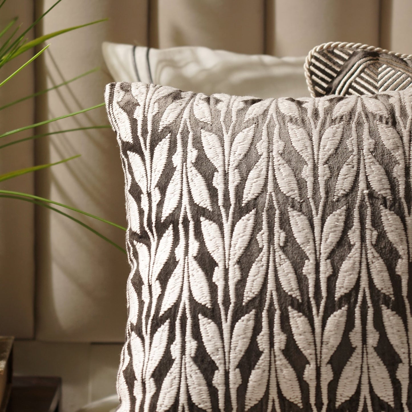 Brown Off White Embroidered Square Cushion Cover