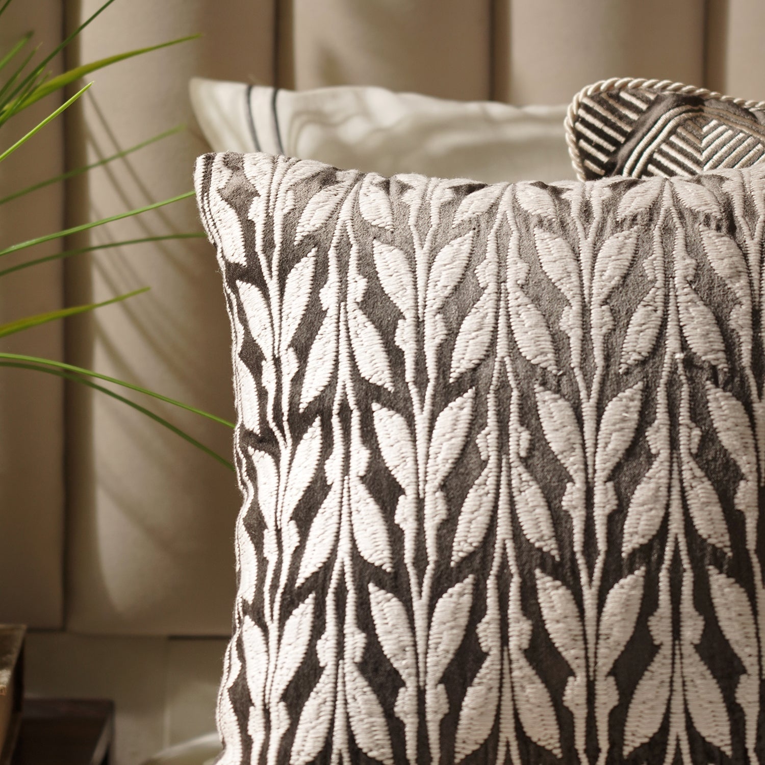 Brown Off White Embroidered Square Cushion Cover