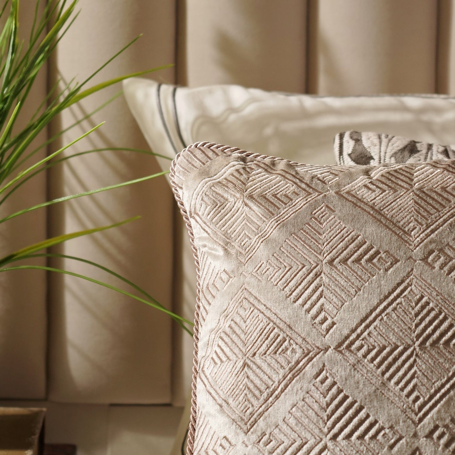 Beige Geometric Embroidered Cushion Cover