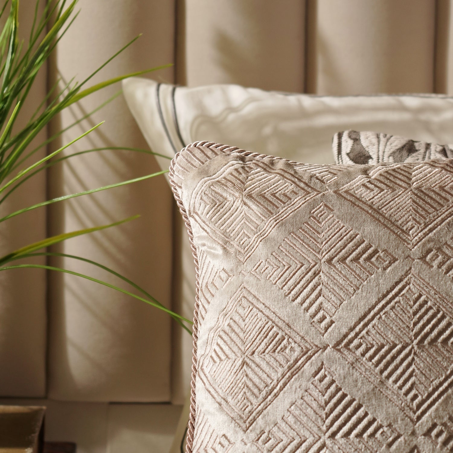 Beige Geometric Embroidered Cushion Cover