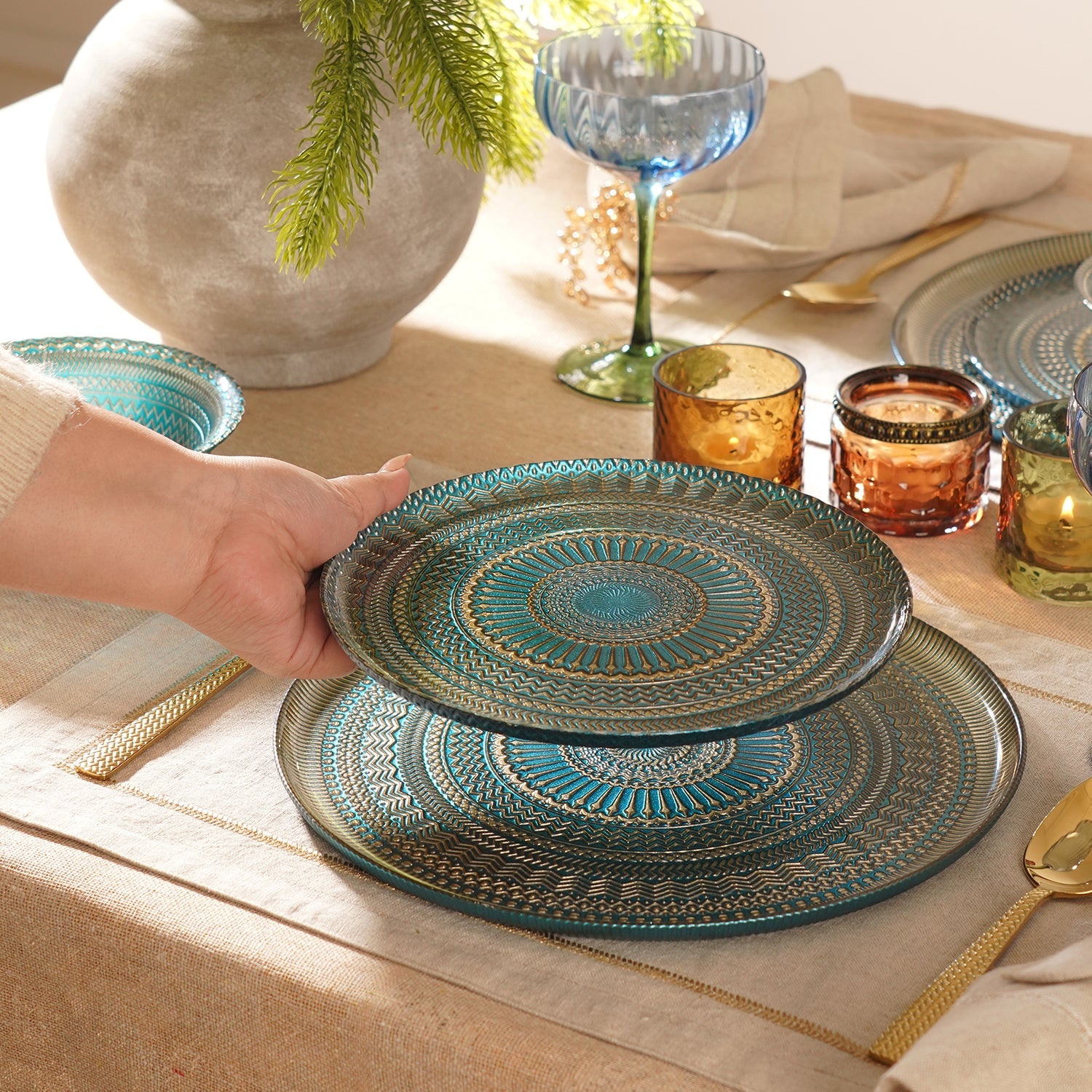 Set of 2 Blue Embellished Glass Dessert Plates