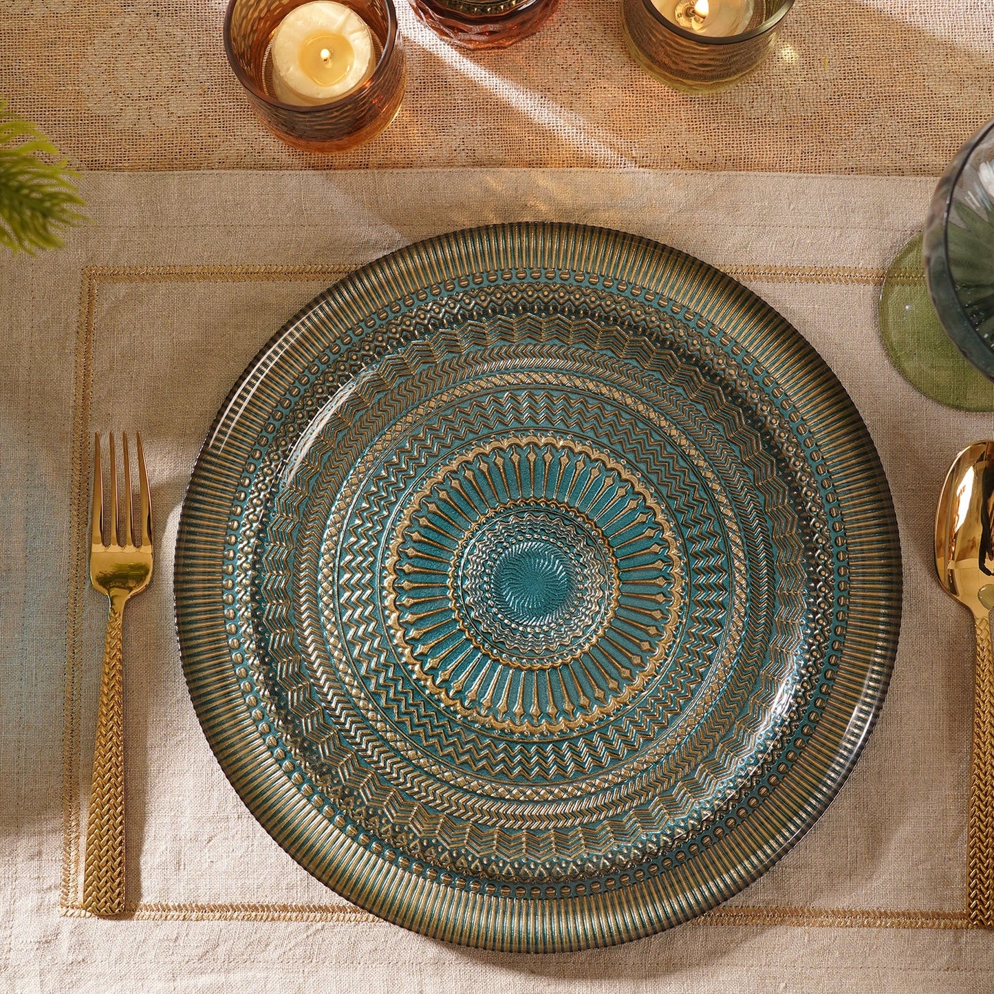 Set of 2 Blue Embellished Glass Dessert Plates