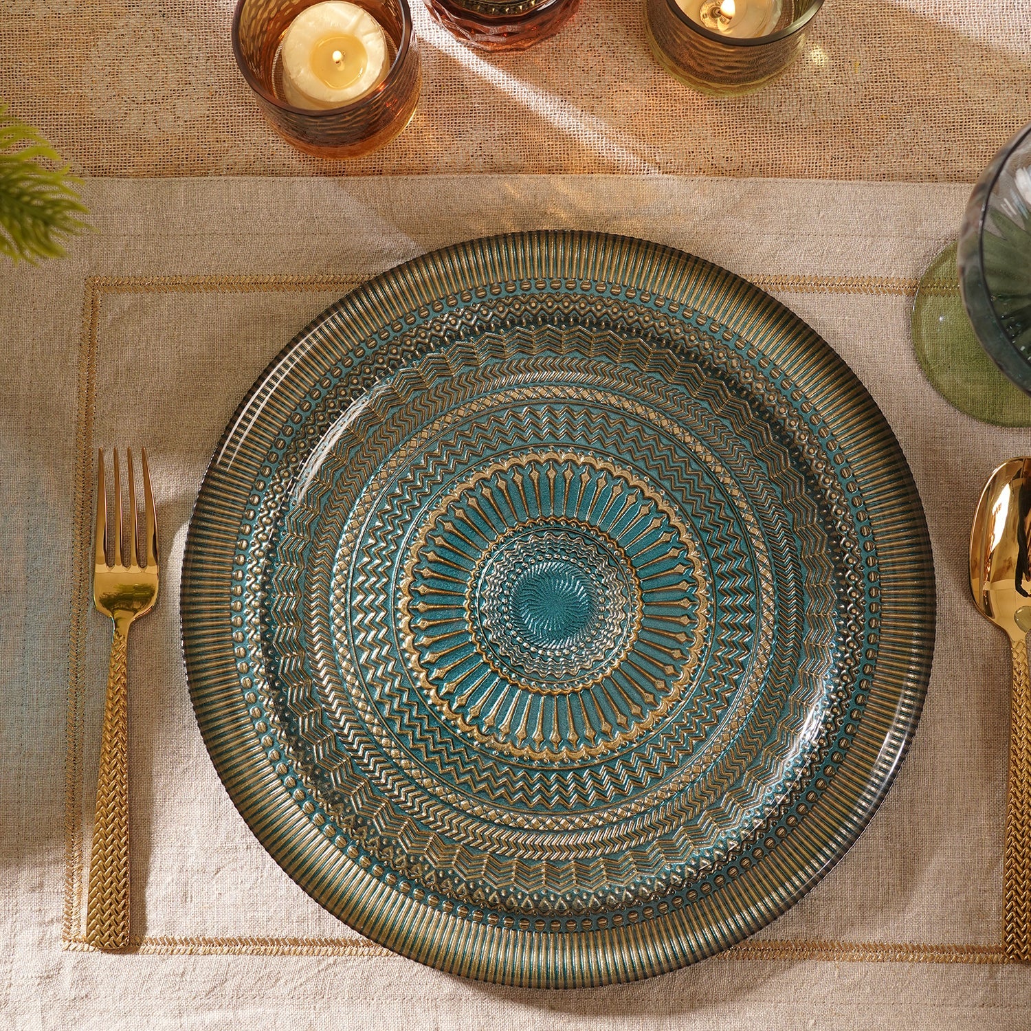 Set of 2 Blue Embellished Glass Dessert Plates
