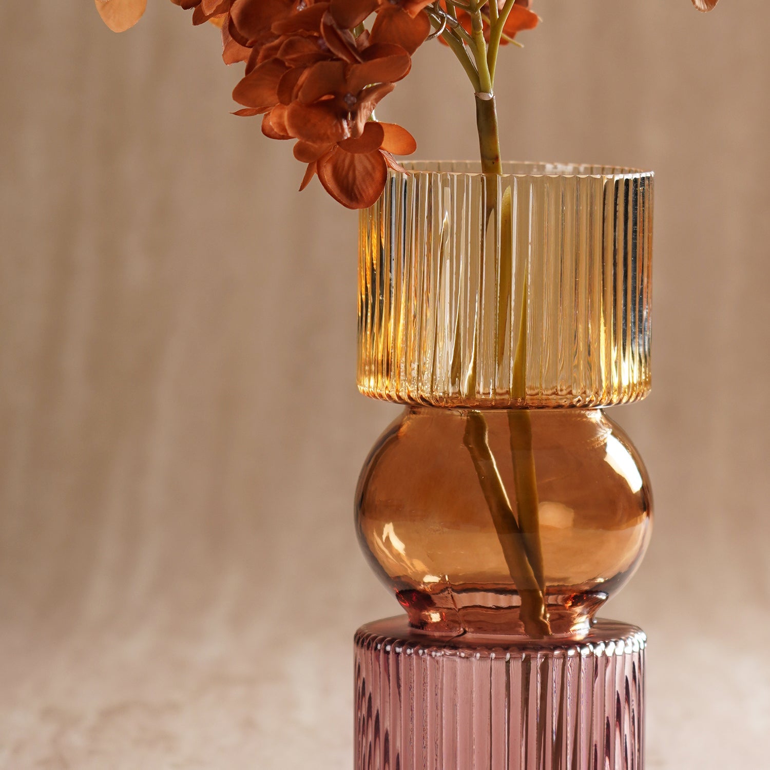 Amber 3 Tone Multi Shaped Ribbed Glass Vase