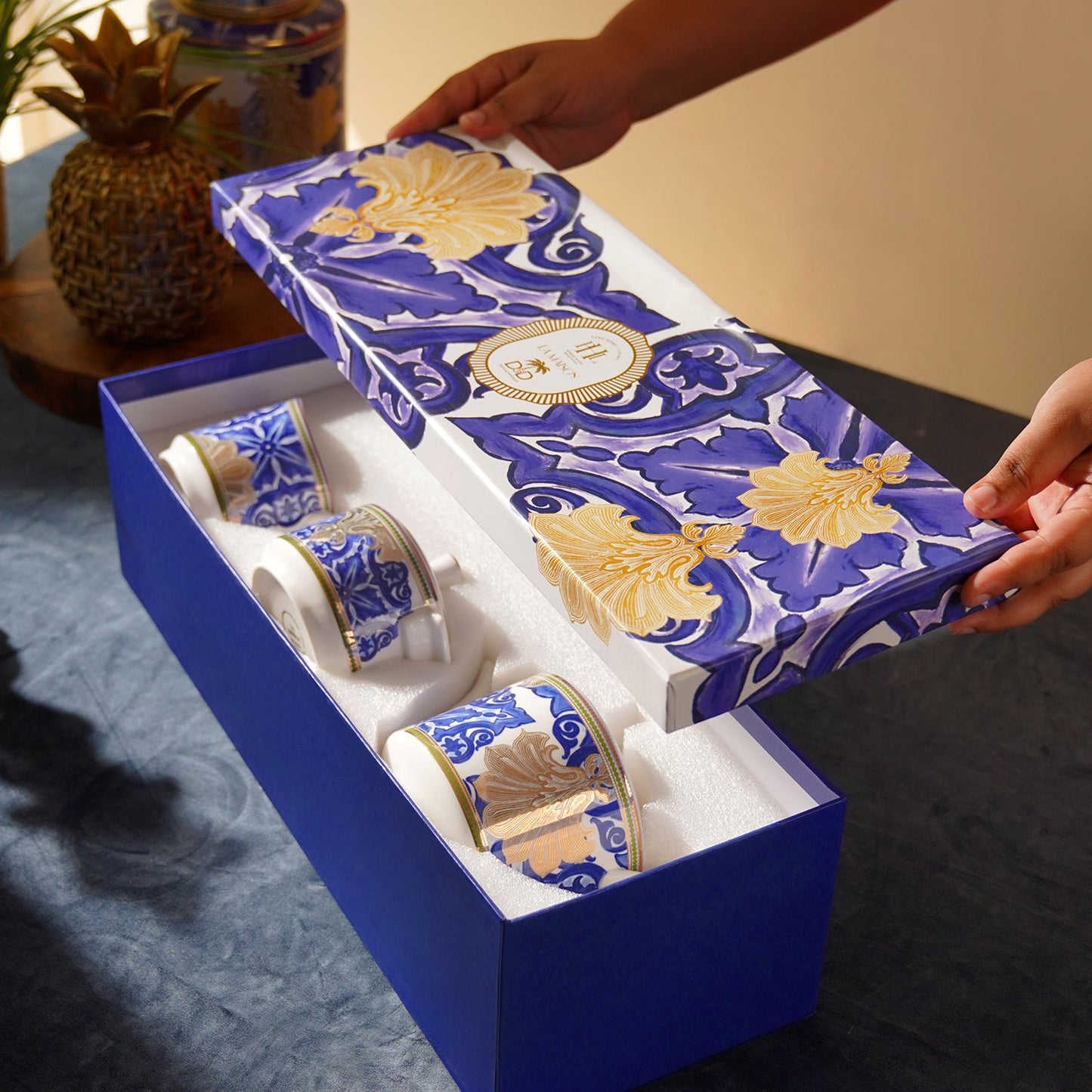 Set of 3 Blue & Ivory Amalfi Print Tea Set