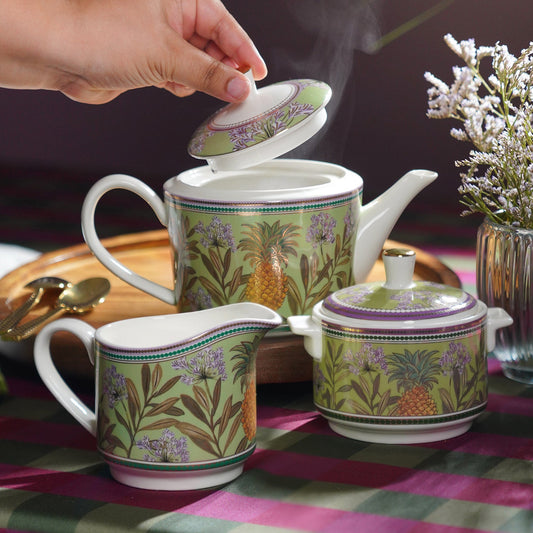 Set of 3 Green Pineapple Print Tea Set