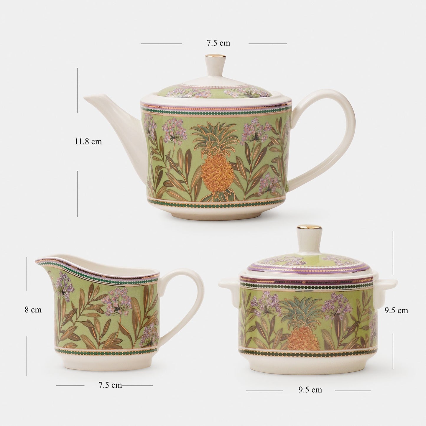 Set of 3 Green Pineapple Print Tea Set