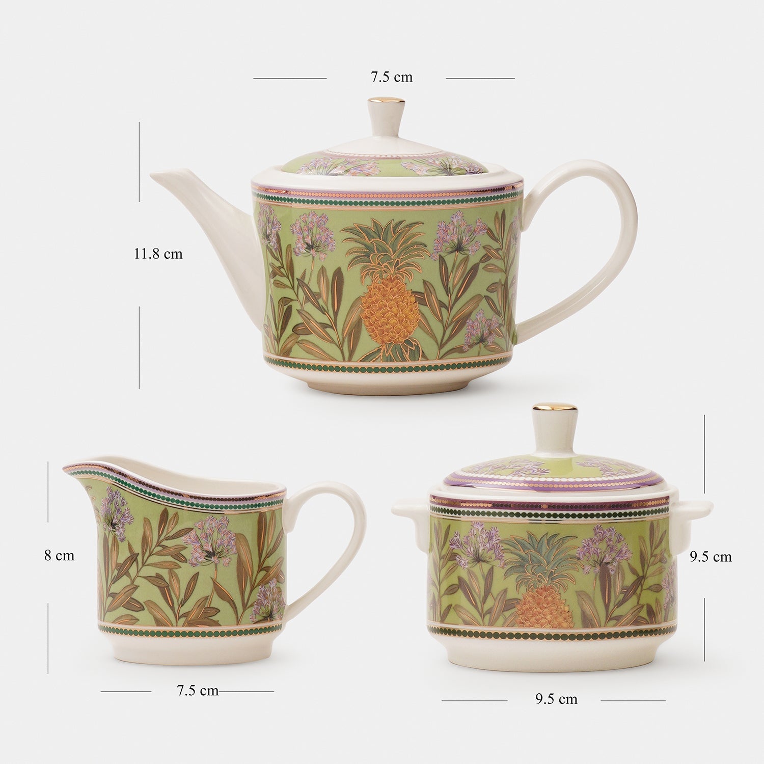 Set of 3 Green Pineapple Print Tea Set