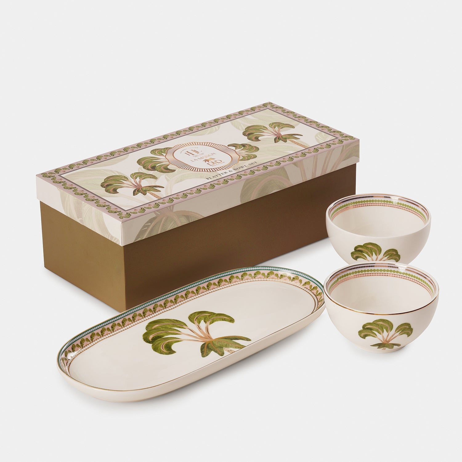 Set of 3 Green Solen Print Platter & Bowls