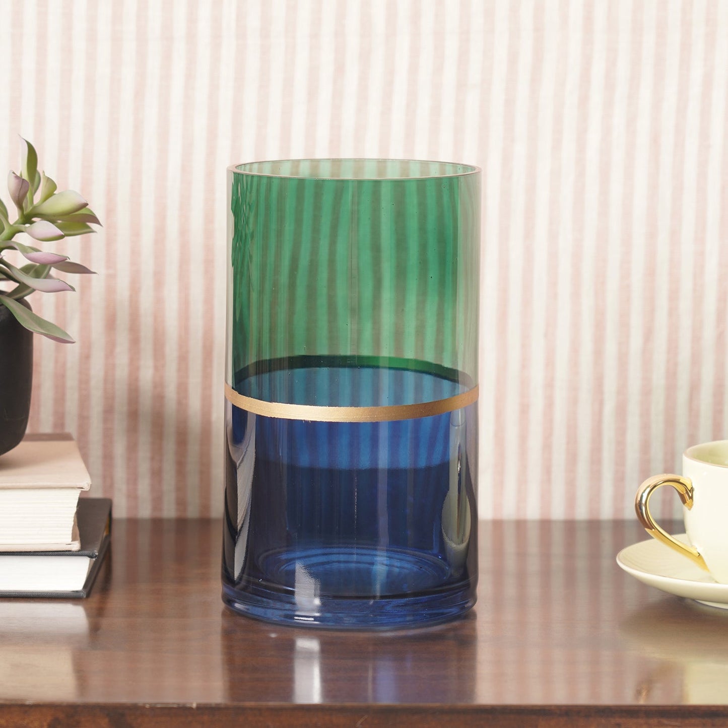 Green & Blue Two Tone Cylindrical Glass Vase