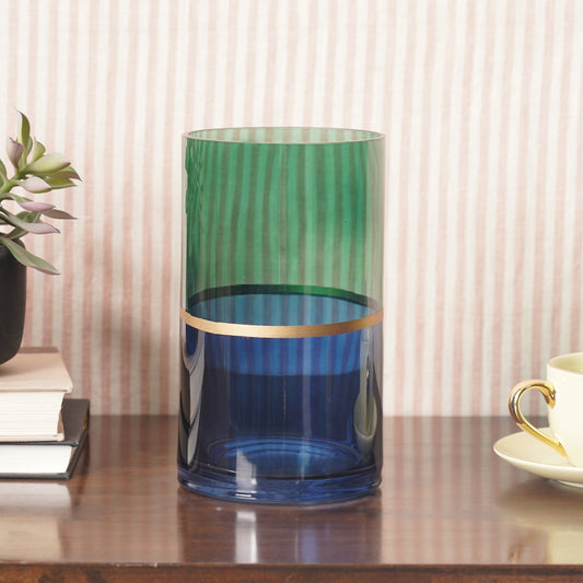 Green & Blue Two Tone Cylindrical Glass Vase