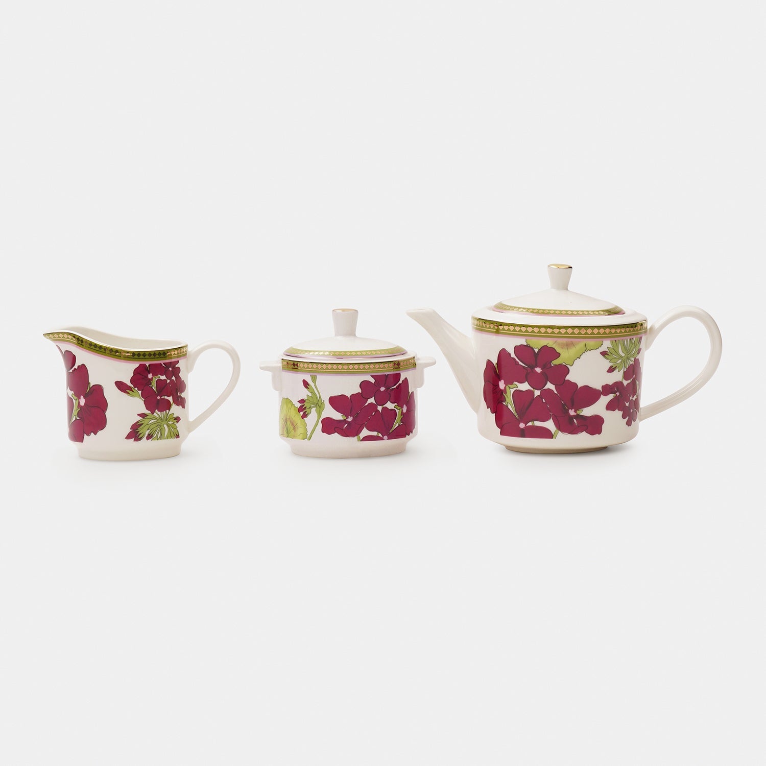 Set of 3 Red & Green Rosabay Print Tea Set