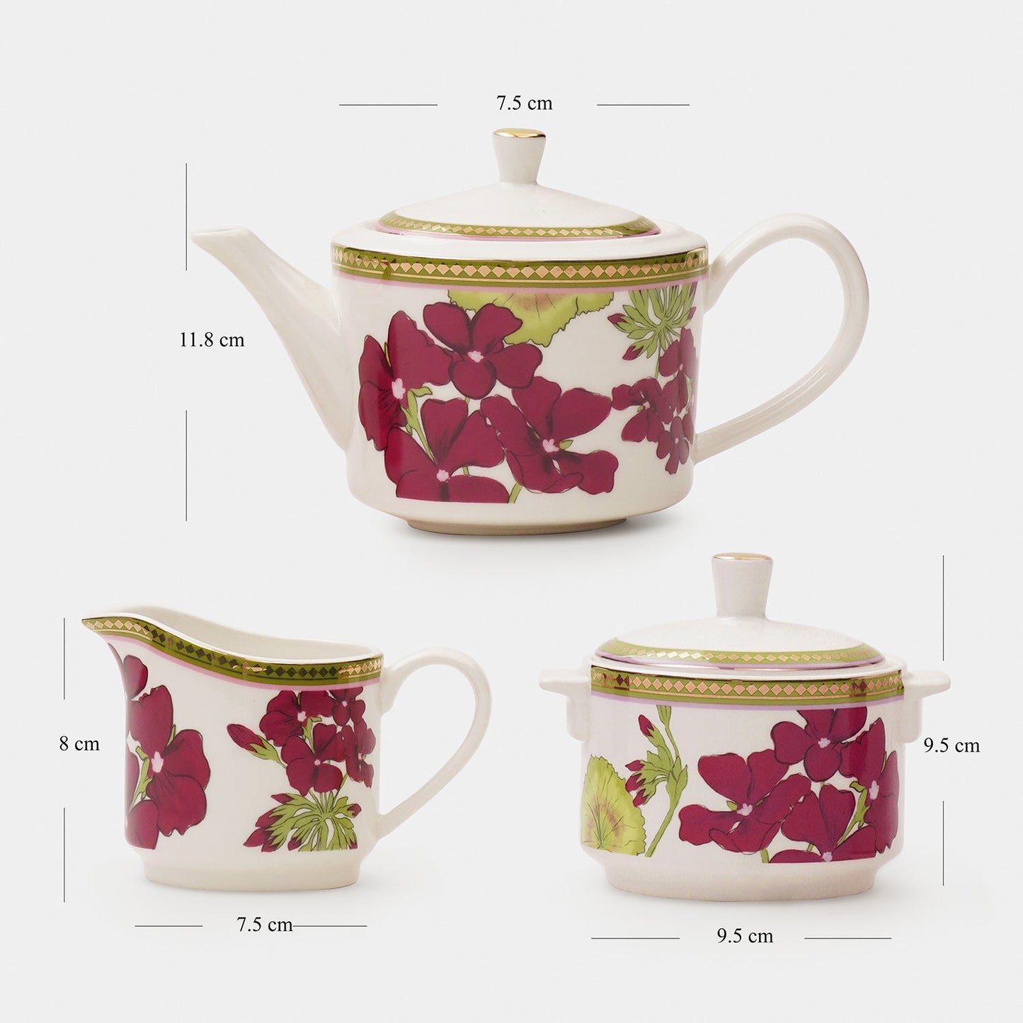 Set of 3 Red & Green Rosabay Print Tea Set