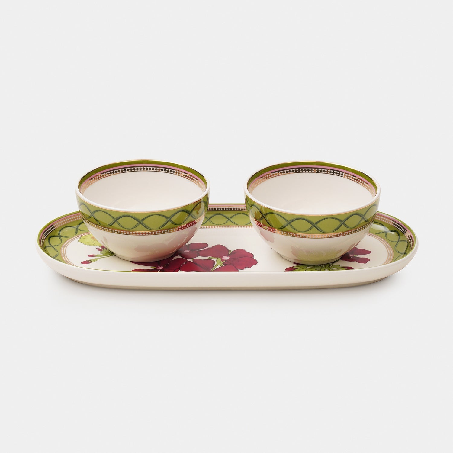 Set of 3 Red & Green Rosabay Print Platter & Bowls
