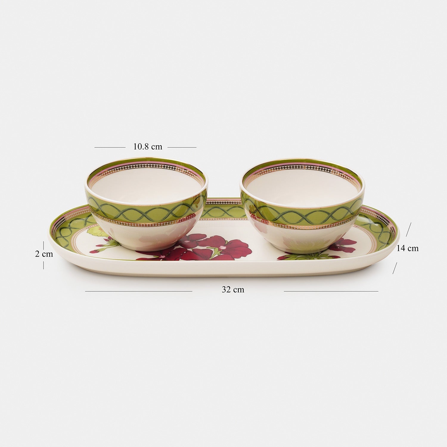 Set of 3 Red & Green Rosabay Print Platter & Bowls
