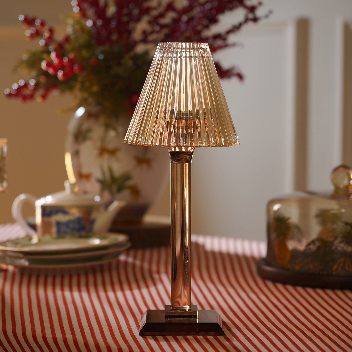 Amber Ribbed Glass Lamp Shaped Candle Holder