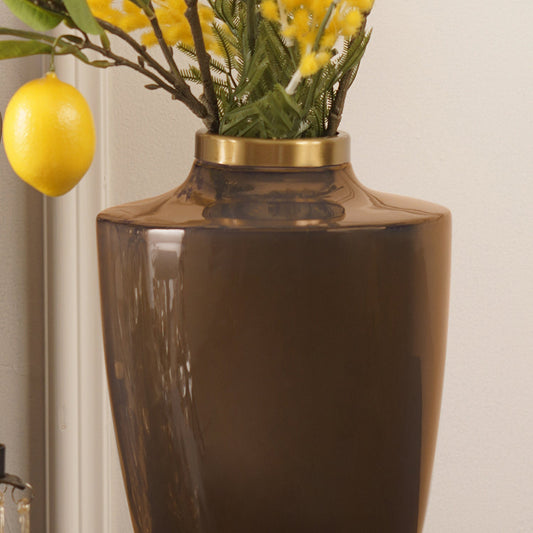 Brown Bottleneck Ceramic Vase with Gold Rim - Large