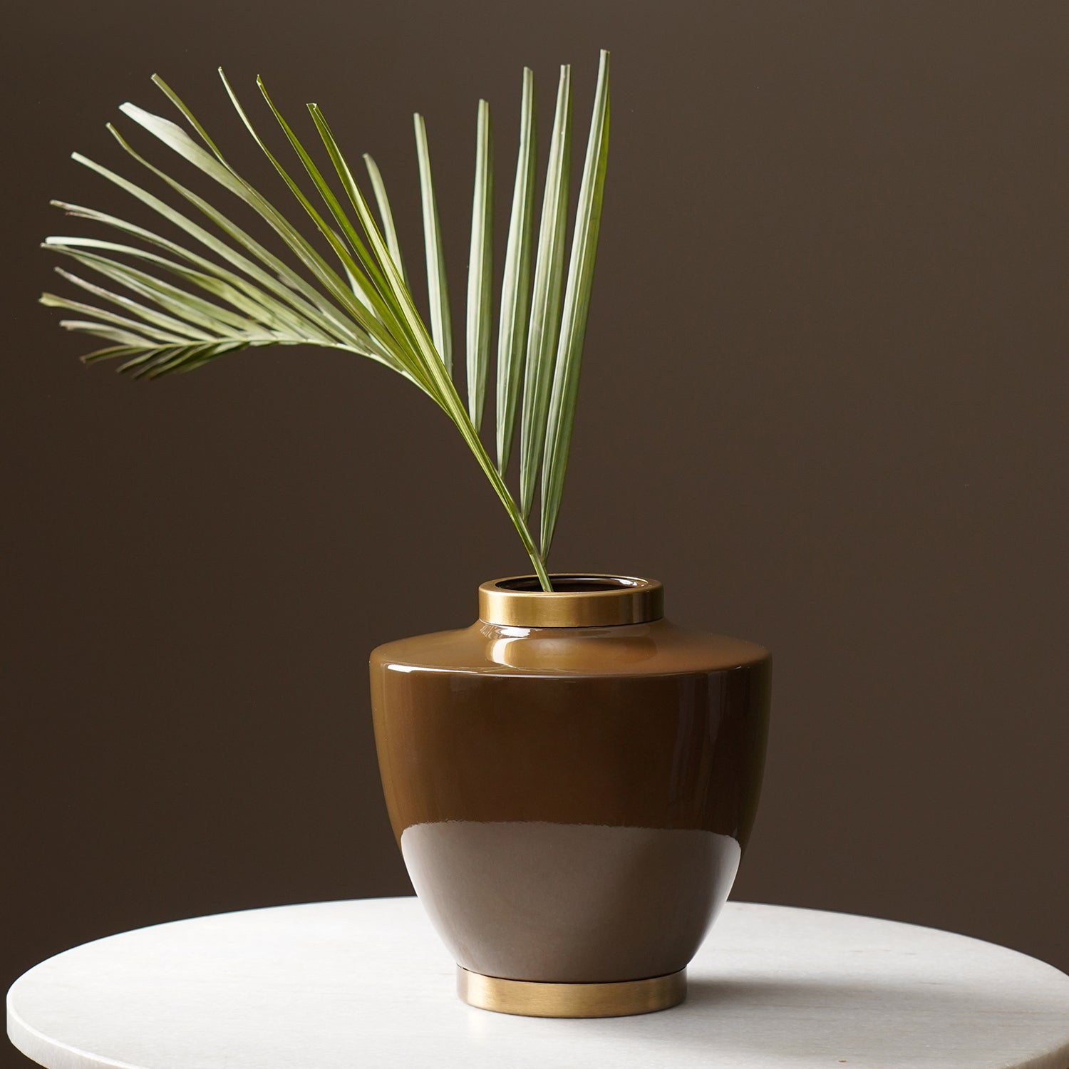 Brown Ceramic Bottleneck Vase with Gold Rim