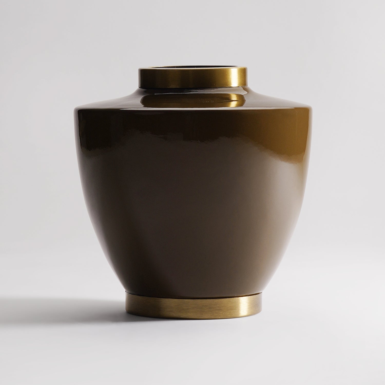 Brown Ceramic Bottleneck Vase with Gold Rim