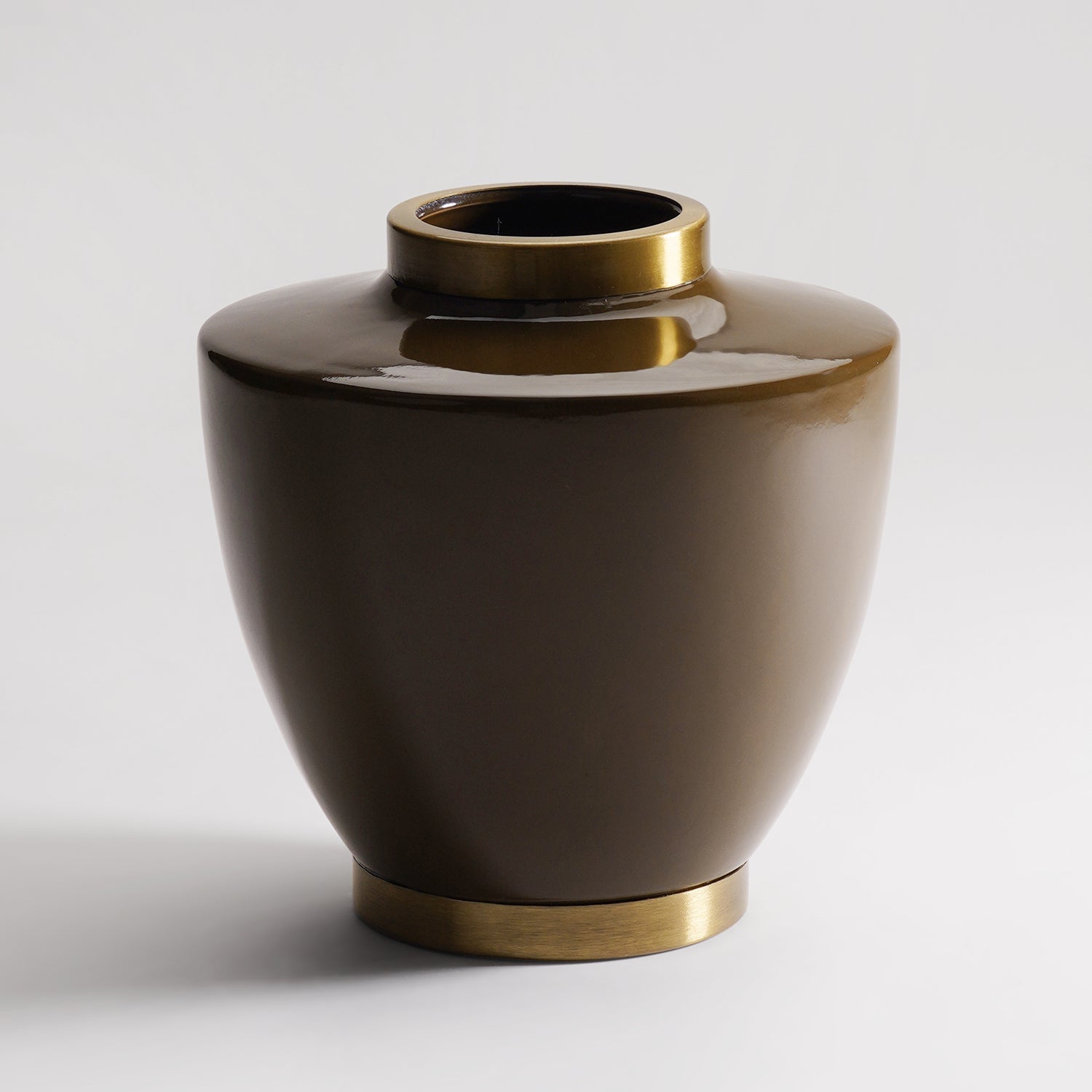 Brown Ceramic Bottleneck Vase with Gold Rim