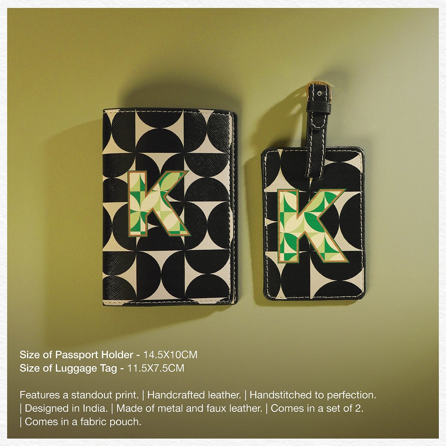 Set of 2 Black & Green K Passport Holder & Luggage Tag