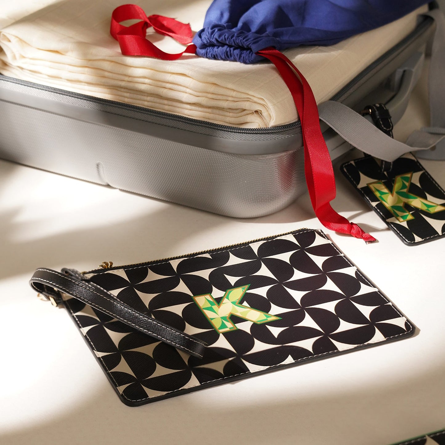 Black & Green K Flat Travel Pouch