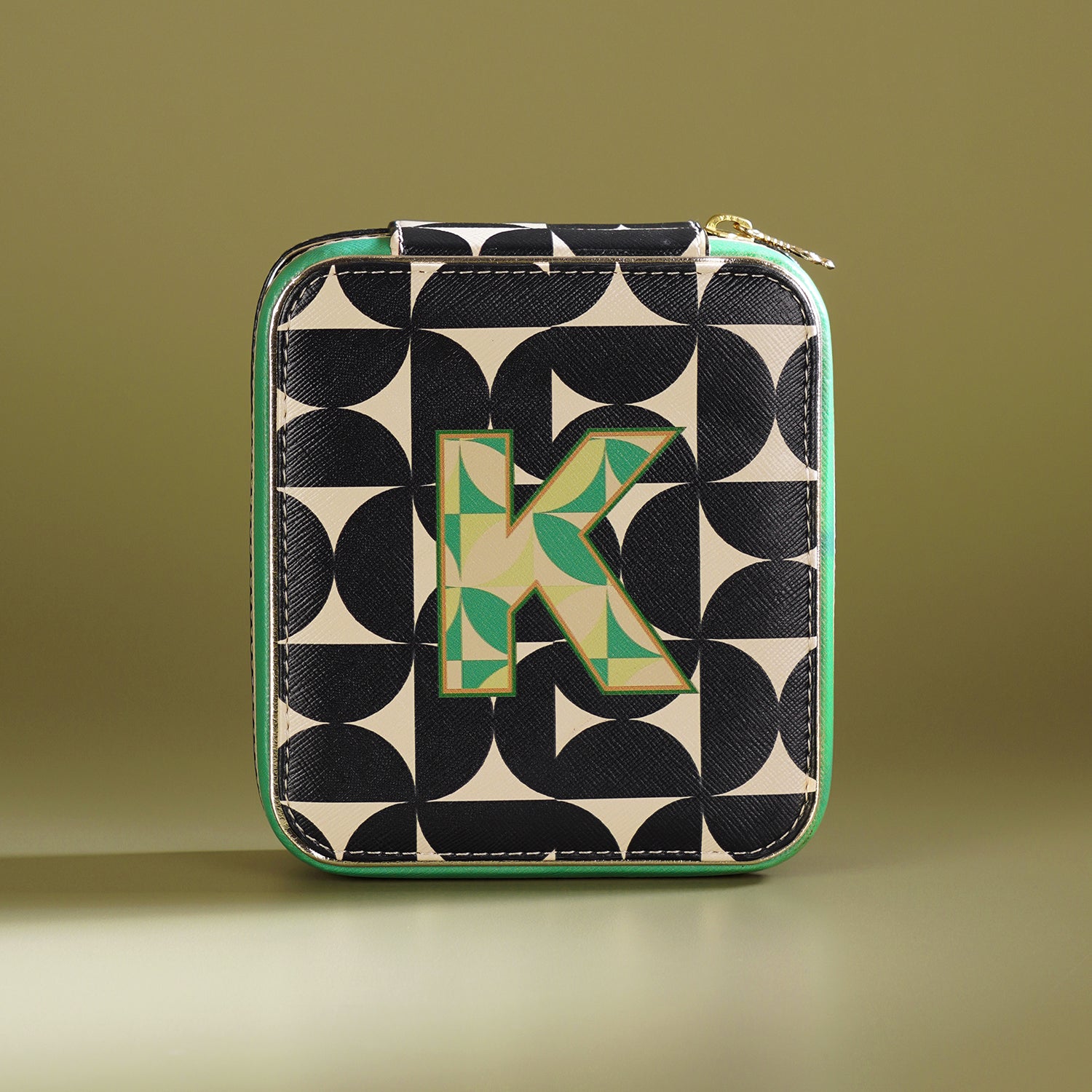 Black & Green K Faux Leather Jewellery Box