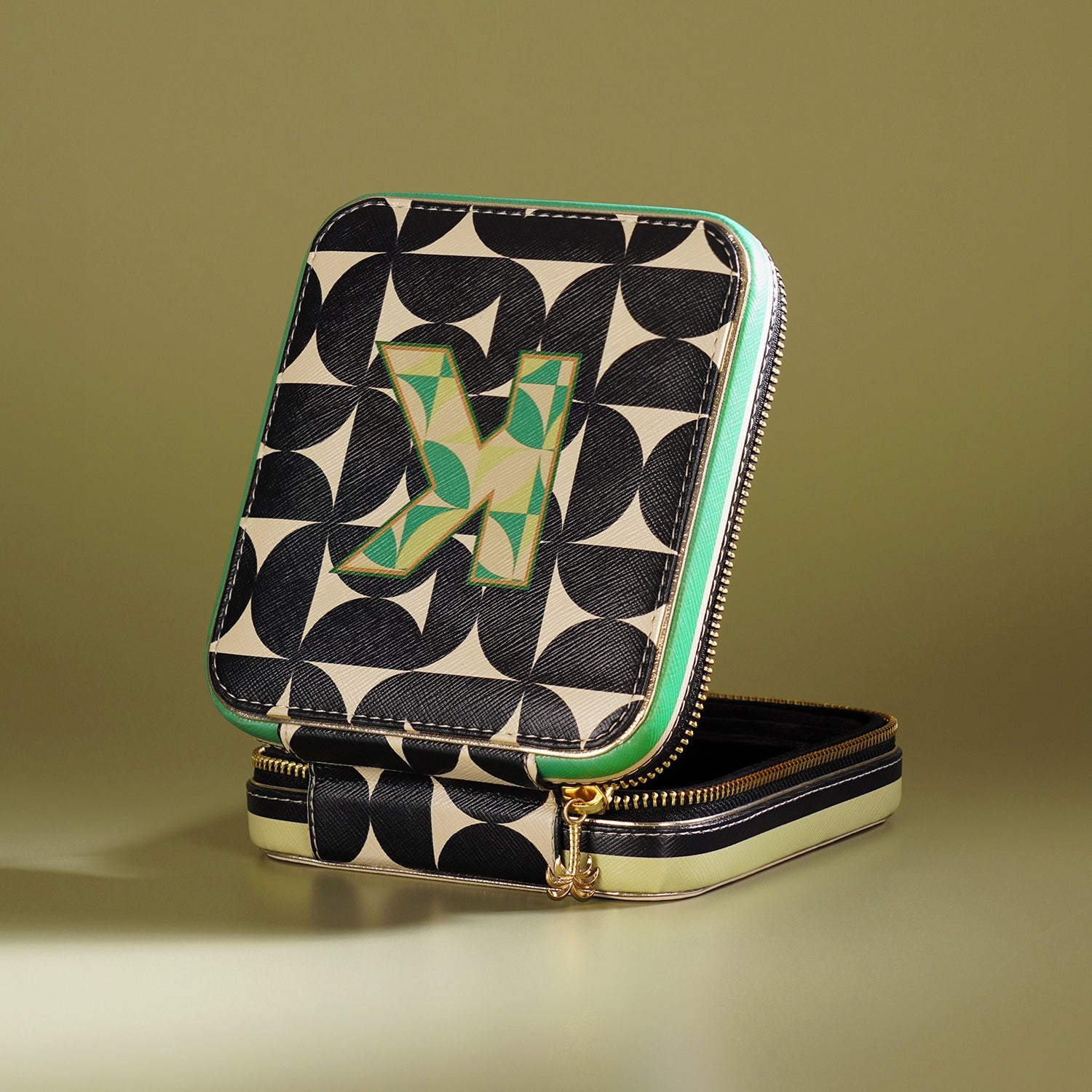 Black & Green K Faux Leather Jewellery Box