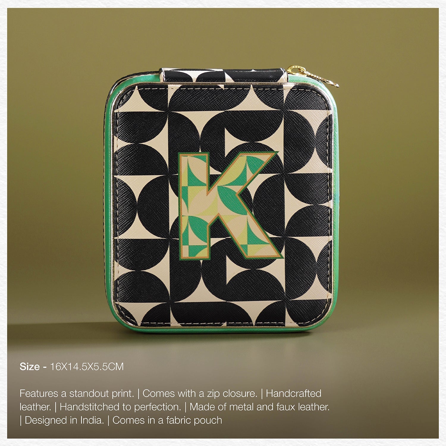 Black & Green K Faux Leather Jewellery Box